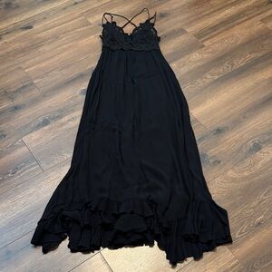 Free People Adella Black Maxi Dress Lace Boho Strappy Backless Flowy Romantic